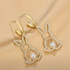 NWOT - GoldTone Bunny Earrings with Rhinestones and Faux Pearls